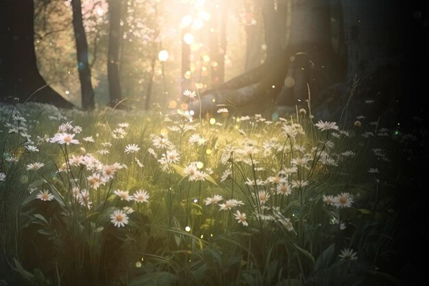 Foto gramado na floresta com margaridas floridas ai generated