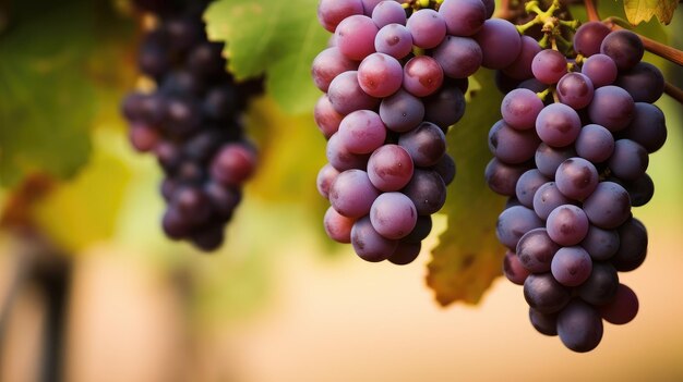 Foto gramados maduros de uvas em uma vinha ao anoitecer