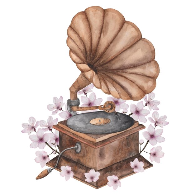 Grammophon-Wasserfarben-Postkarte mit einem Musikinstrument und handgezeichneten Kirschblüten