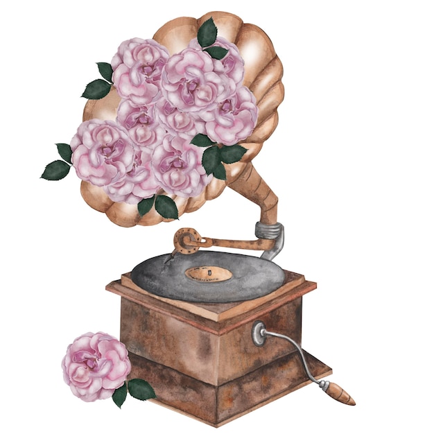 Grammophon-Wasserfarben-Postkarte mit einem Musikinstrument und handgezeichneten Rosenblumen