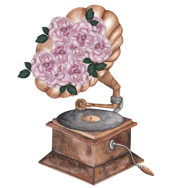 Grammophon-Wasserfarben-Postkarte mit einem Musikinstrument und handgezeichneten Rosenblumen