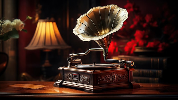 Gramofone antigo de luxo com placa ou disco de vinil na imagem gerada por IA de caixa de madeira