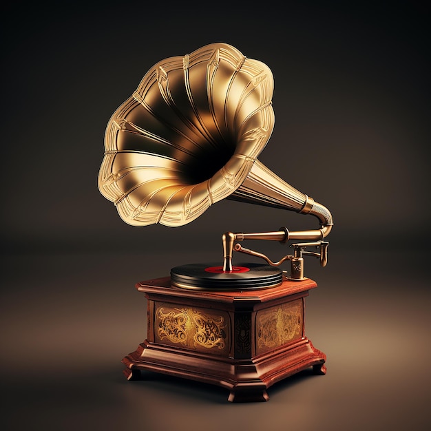 Gramófono anticuado renderizado en 3D con fabricación de metal y madera