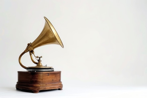 Foto gramófono antiguo en un soporte de madera perfecto para conceptos de música retro