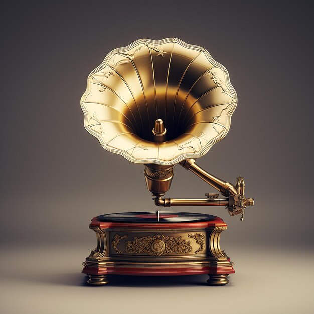Gramophone antiquado renderizado em 3D com metal e madeira