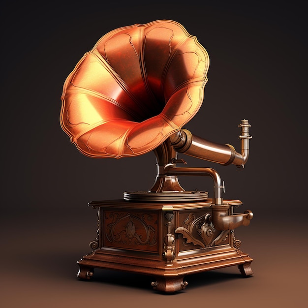 Gramophone antiquado renderizado em 3D com metal e madeira