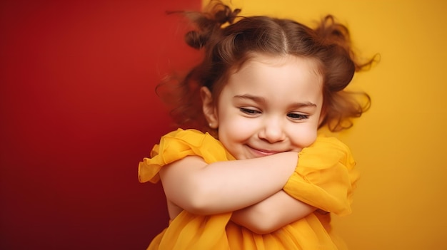 Gran abrazo del Día de San Valentín Chica adorable agarrándose a sí misma en un telón de fondo amarillo IA generativa