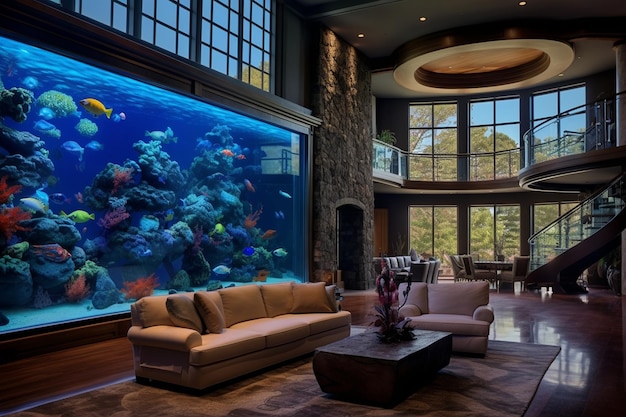 Un gran acuario en una acogedora sala de estar de casa generativa por Ai