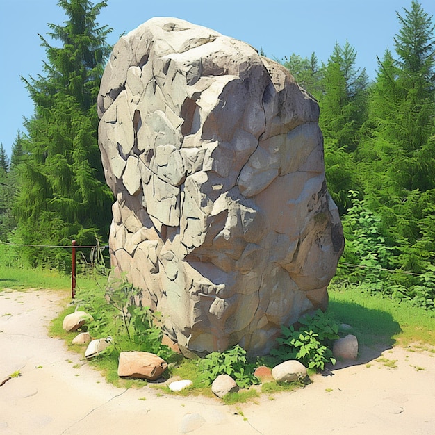 Un gran adoquín de piedra natural se encuentra cerca de una columna en la naturaleza para las redes sociales