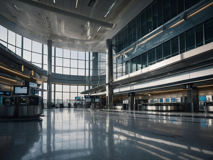 Foto un gran aeropuerto con una gran pared de vidrio que dice aeropuerto