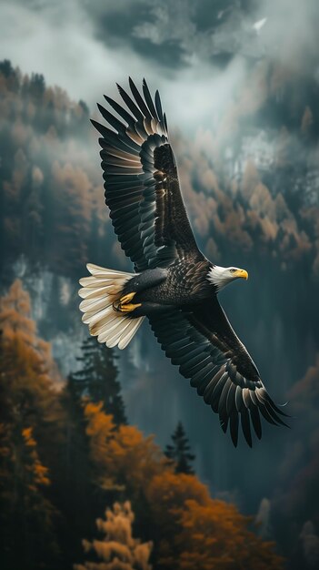 gran águila volando árboles del bosque transparente mirando lejos espectador retratado hombros zoológico digital