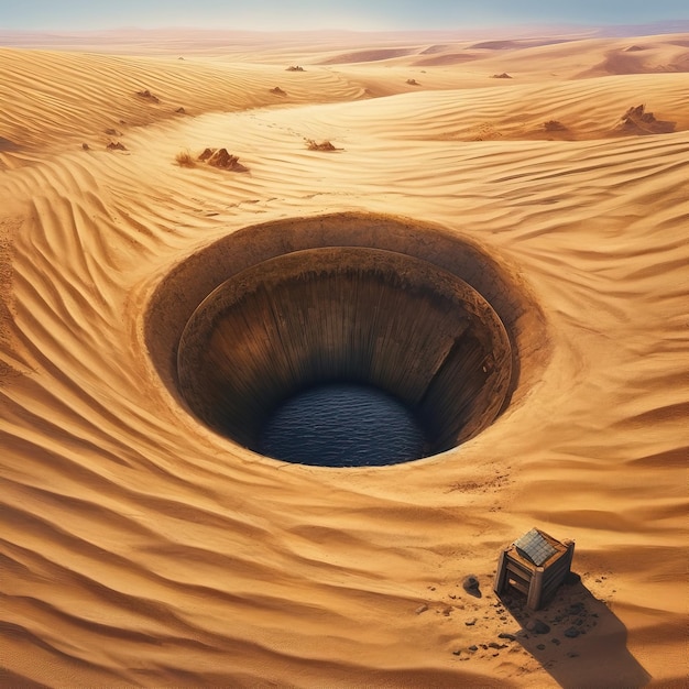 Un gran agujero en el desierto con un cielo azul y el sol brilla.