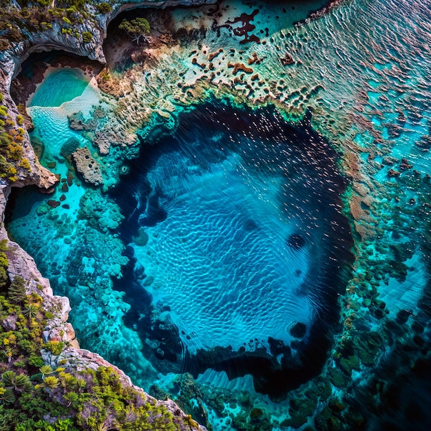 Foto un gran agujero en el medio de un cuerpo de agua con un océano azul en el fondo