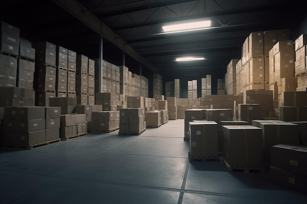 Un gran almacén con cajas Filas de estantes con cajas de mercancías en un almacén industrial moderno en el almacén de fábrica