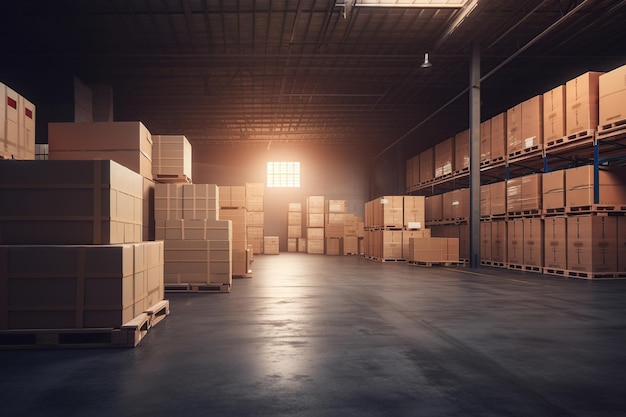 Un gran almacén con cajas Filas de estantes con cajas de mercancías en un almacén industrial moderno en el almacén de fábrica