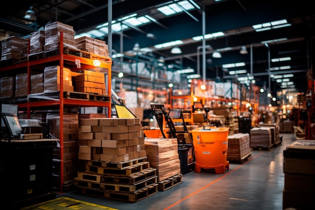 gran almacén con estantes de cajas en un gran almacén