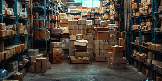 Foto un gran almacén lleno de cajas de cartón
