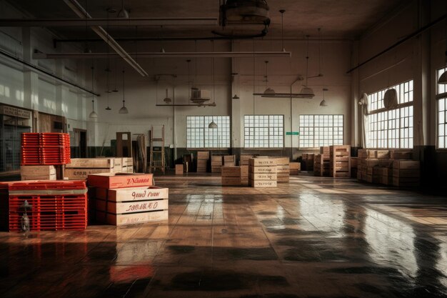 Un gran almacén lleno de muchas cajas Cerrado el mercado de pescado