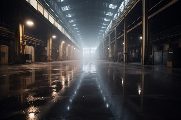 Foto un gran almacén con una luz en el suelo.