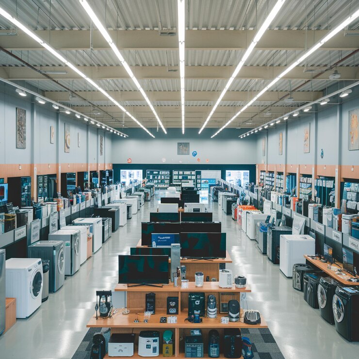 un gran almacén con muchos estantes y un letrero que dice no