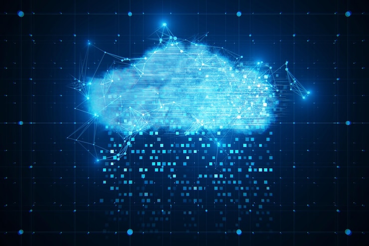 Foto gran almacenamiento en la nube de datos y concepto de innovación con conexión de nube de estructura alámbrica poligonal azul claro y lluvia de píxeles en la representación 3d de fondo tecnológico oscuro abstracto