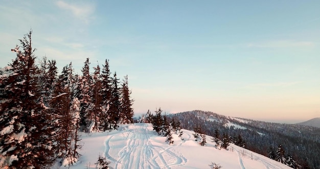 Desde gran altura paisaje de montaña de cuento de hadas cubierto de nieve picos alpinos afilados Invierno salvaje en las montañas de los Cárpatos Ucrania Nubes blancas gruesas Espacio abierto Antena 4K