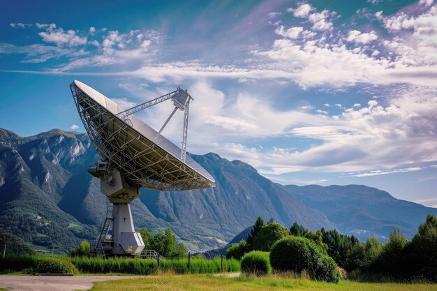 Una gran antena parabólica muy grande está colocada prominentemente en el medio de un vasto campo Gran antena parabótica que recibe datos del espacio Generada por IA