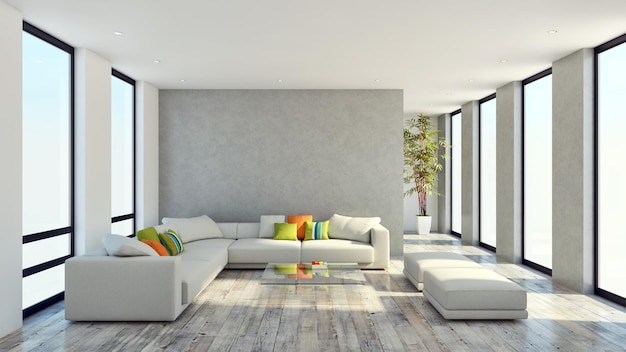 Gran apartamento de lujo, moderno y luminoso, con interiores, sala de estar, ilustración de renderizado 3D, imagen generada por computadora