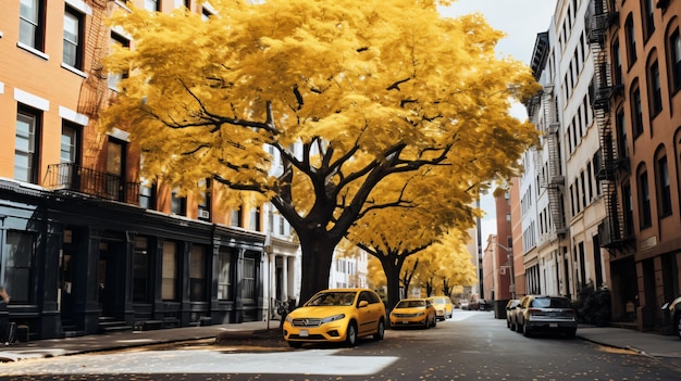Gran árbol amarillo en la calle