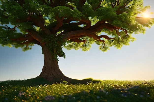 Un gran árbol con un campo de flores al fondo.