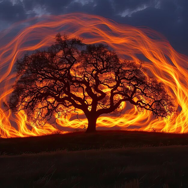 Un gran árbol en una colina cubierta de fuego