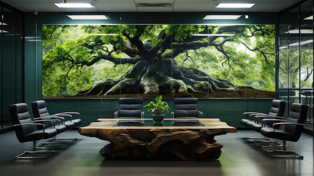 Un gran árbol detrás de la ventana de la oficina ai