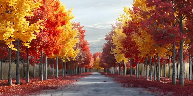 Gran árbol con hojas coloridas en el fondo de la carretera Ai Generado