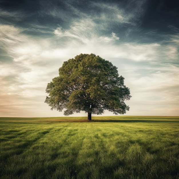 Un gran árbol en medio del campo.