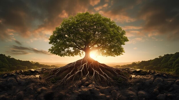 Foto gran árbol en el medio de la tierra