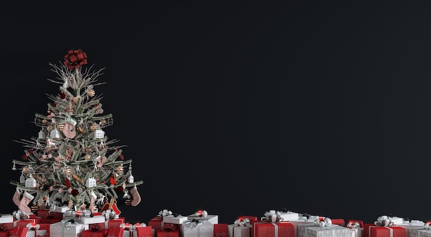 Gran árbol de Navidad decorado con hermosa sala de estar negra y muchos regalos diferentes