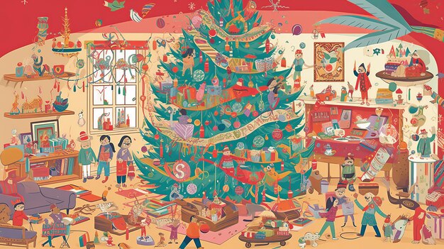 Un gran árbol de navidad está rodeado de otros niños.