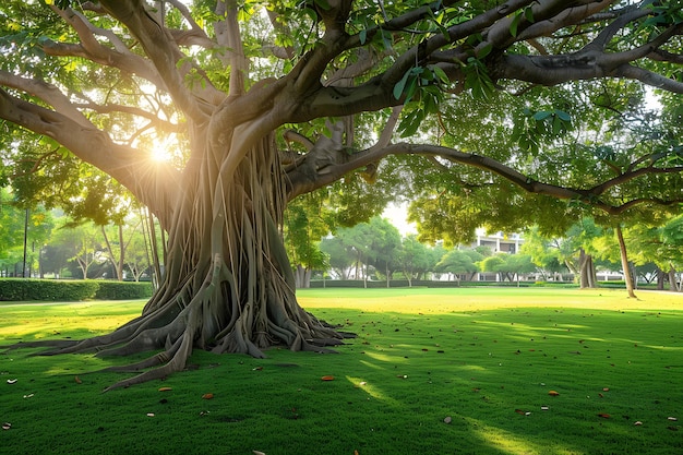 Gran árbol en el parque público con luz solar y fondo de hierba verde