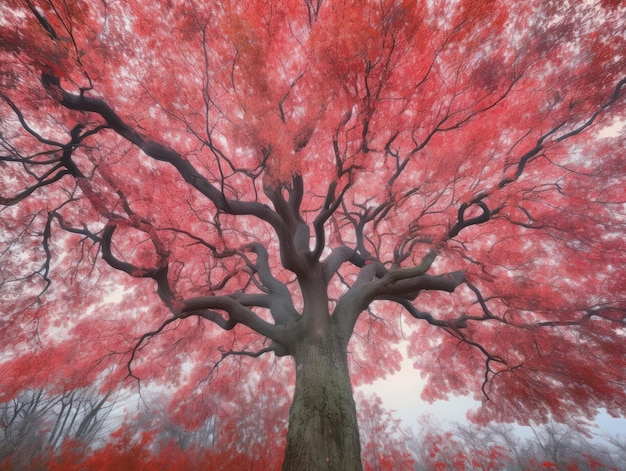 Foto un gran árbol rojo con las hojas del árbol en primer plano