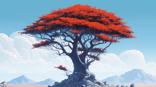 Un gran árbol rojo en medio de las montañas.