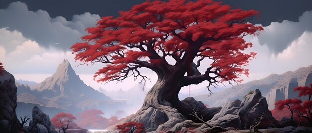 Foto un gran árbol rojo en medio de las montañas