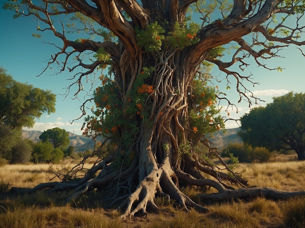 Un gran árbol seco en medio de la sabana