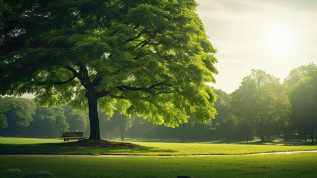Gran árbol verde del parque con banco debajo a la luz del día