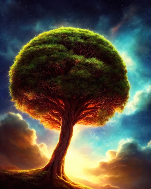 Gran árbol de la vida el centro del mundo Conexión de los mundos terrenal y celestial Árbol de energía del universo Ilustración 3d