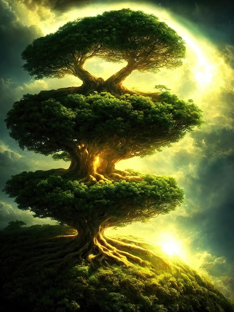 Gran árbol de la vida el centro del mundo Conexión de los mundos terrenal y celestial Árbol de energía del universo Ilustración 3d