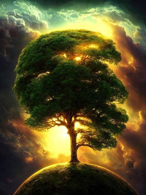 Gran árbol de la vida el centro del mundo Conexión de los mundos terrenal y celestial Árbol de energía del universo Ilustración 3d