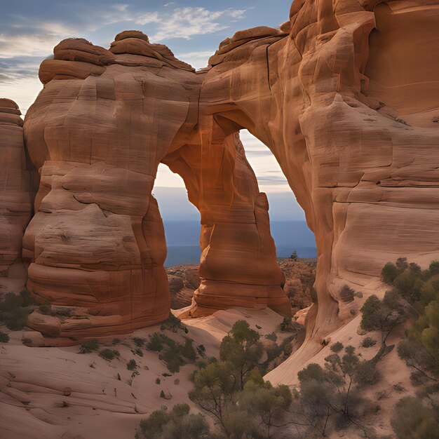 un gran arco está en el medio de un desierto