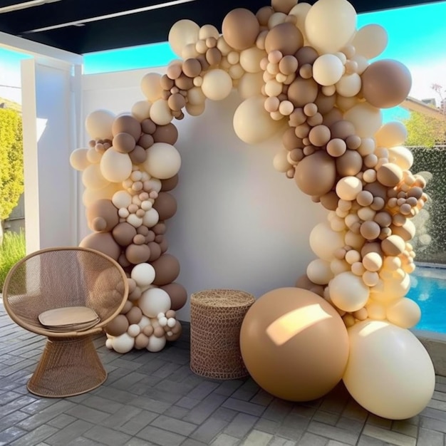 Un gran arco de globos con globos y una silla junto a él generativa ai