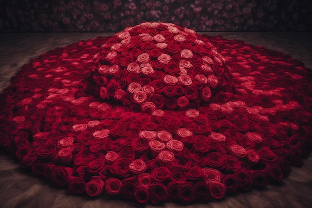 Un gran arreglo floral rojo con la palabra amor.