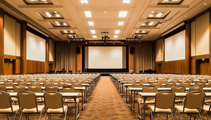 un gran auditorio con una pantalla que dice sala de conferencias